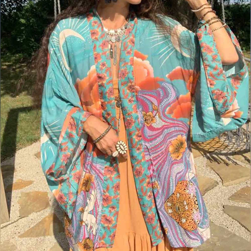 New Boho Open Front Kimono Top Floral Moon Print Beach Cover-Up Festival Jacket - Picture 13 of 13